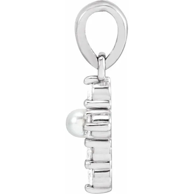 14K White Gold Cultured White Seed Pearl & .07 CTW Natural Diamond Cross Pendant