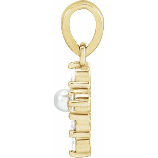 14K Yellow Gold Cultured White Seed Pearl & .07 CTW Natural Diamond Cross Pendant