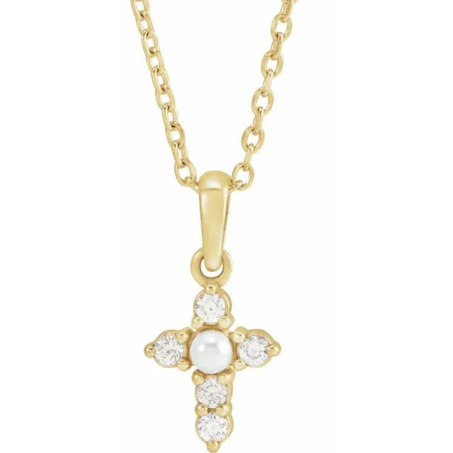 14K Yellow Gold Cultured White Seed Pearl & .07 CTW Natural Diamond Cross 16-18" Necklace