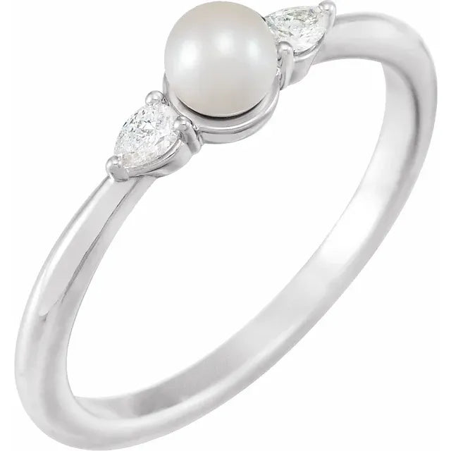 14K White Gold Cultured White Akoya Pearl & 1/10 CTW Natural Diamond Ring