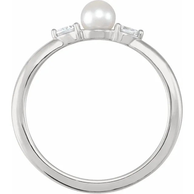 14K White Gold Cultured White Akoya Pearl & 1/10 CTW Natural Diamond Ring