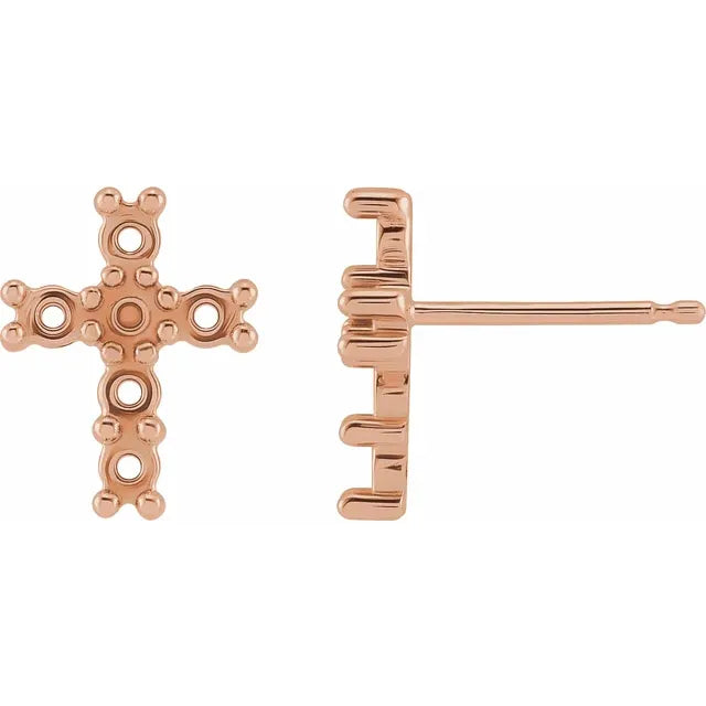 14K Rose Gold Round Cabochon Cross Earring Mounting