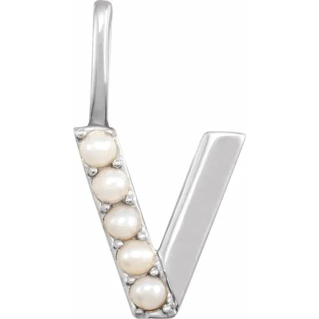 14K White Gold Cultured White Pearl Initial V Charm/Pendant