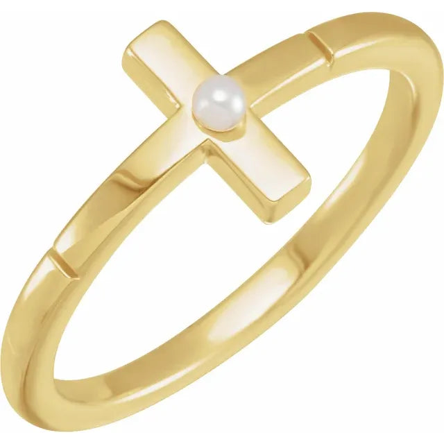 14K Yellow Gold Cultured Akoya Pearl Sideways Cross Ring