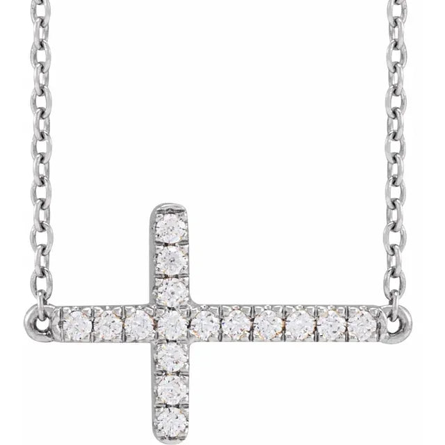 14K White Gold 1/6 CTW Lab-Grown Diamond Sideways Cross Necklace