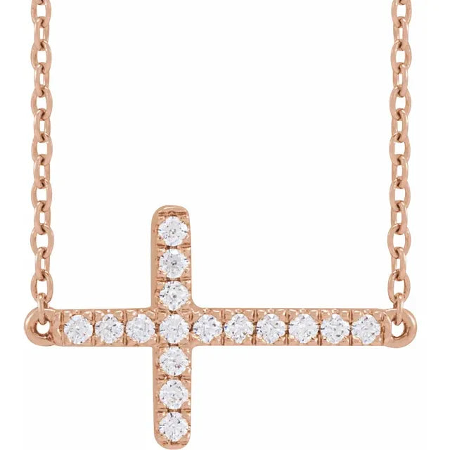 14K Rose Gold 1/6 CTW Lab-Grown Diamond Sideways Cross Necklace