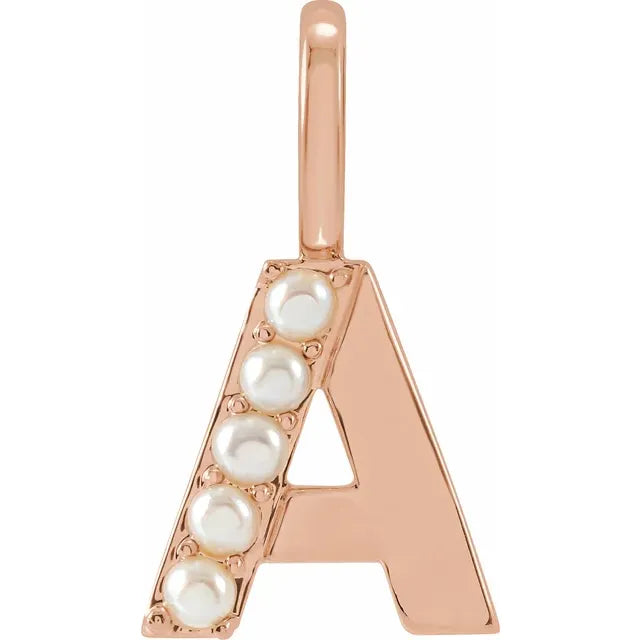 14K Rose Gold Cultured White Pearl Initial A Charm/Pendant