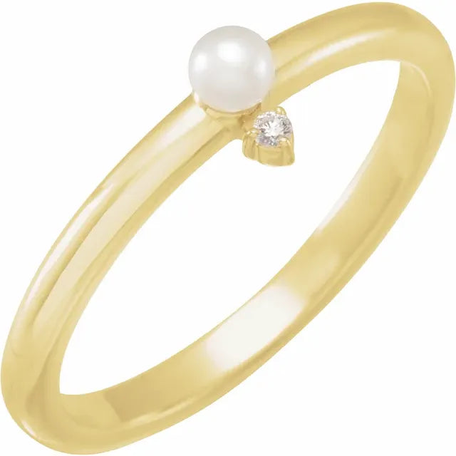 14K Yellow Gold Cultured White Seed Pearl & .015 CT Natural Diamond Ring