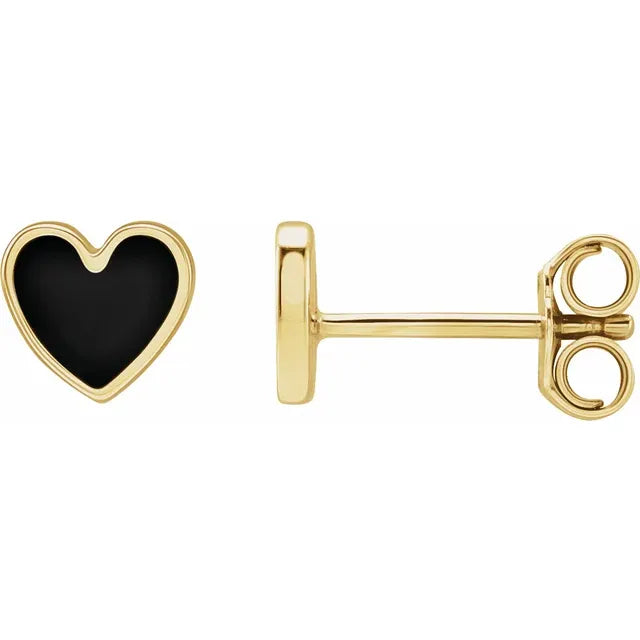 14K Yellow Gold Black Enamel Heart Earrings