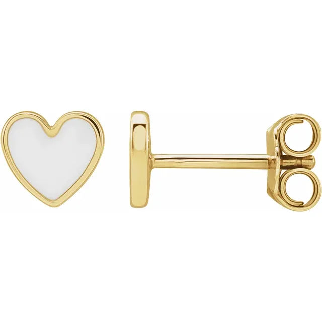 14K Yellow Gold White Enamel Heart Earrings