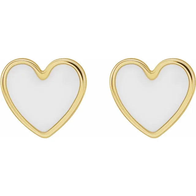 14K Yellow Gold White Enamel Heart Earrings