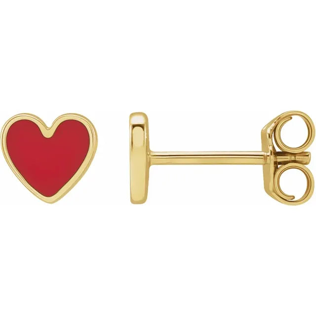 14K Yellow Gold Red Enamel Heart Earrings