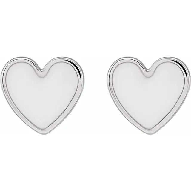 14K White Gold White Enamel Heart Earrings