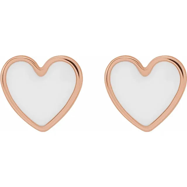 14K Rose Gold White Enamel Heart Earrings