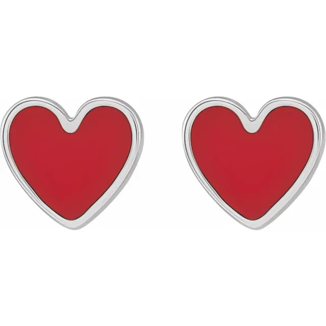 Sterling Silver Red Enamel Heart Earrings