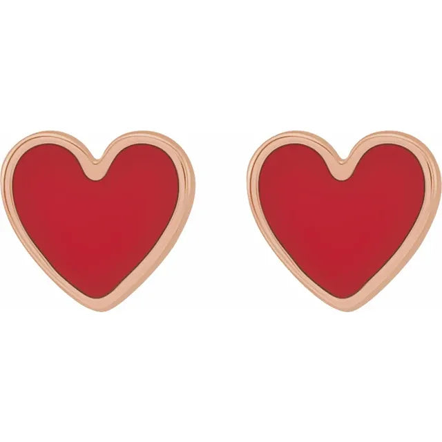 14K Rose Gold Red Enamel Heart Earrings