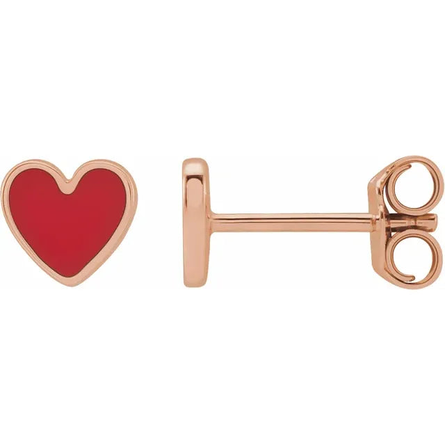 14K Rose Gold Red Enamel Heart Earrings
