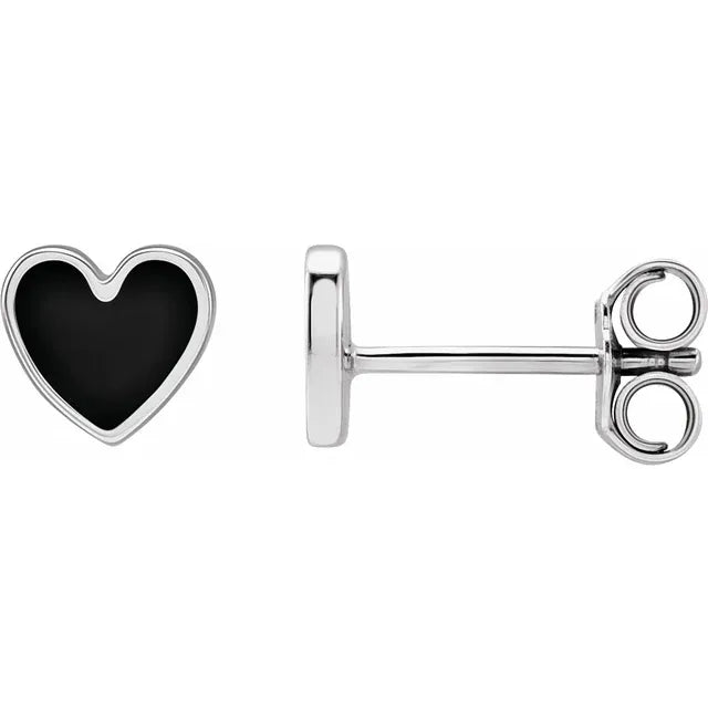Sterling Silver Black Enamel Heart Earrings