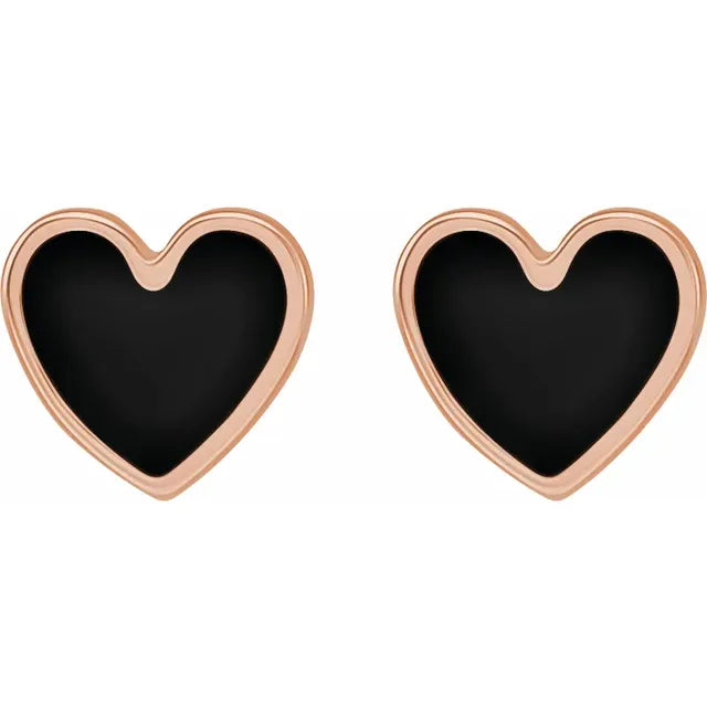 14K Rose Gold Black Enamel Heart Earrings