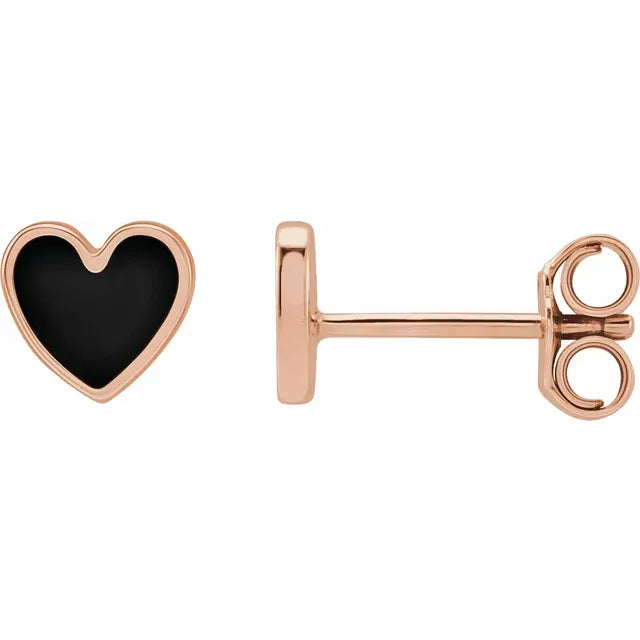 14K Rose Gold Black Enamel Heart Earrings