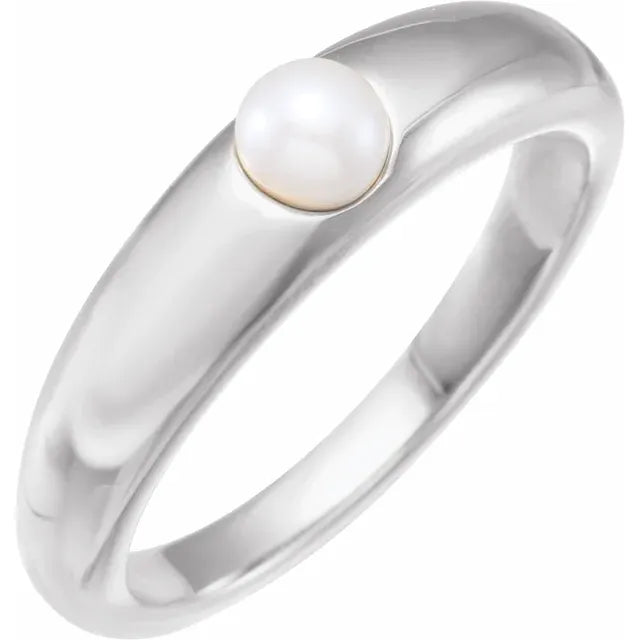 14K White Gold Cultured Akoya Pearl Dome Ring