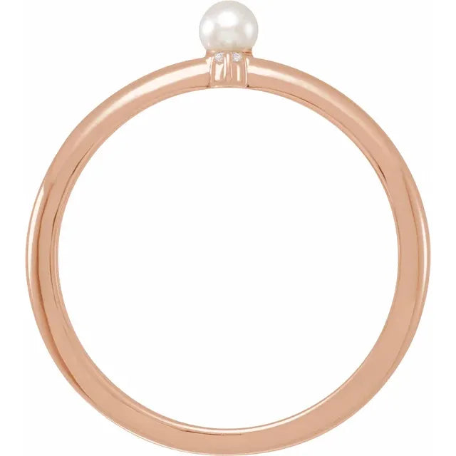 14K Rose Gold Cultured White Seed Pearl & .015 CT Natural Diamond Ring
