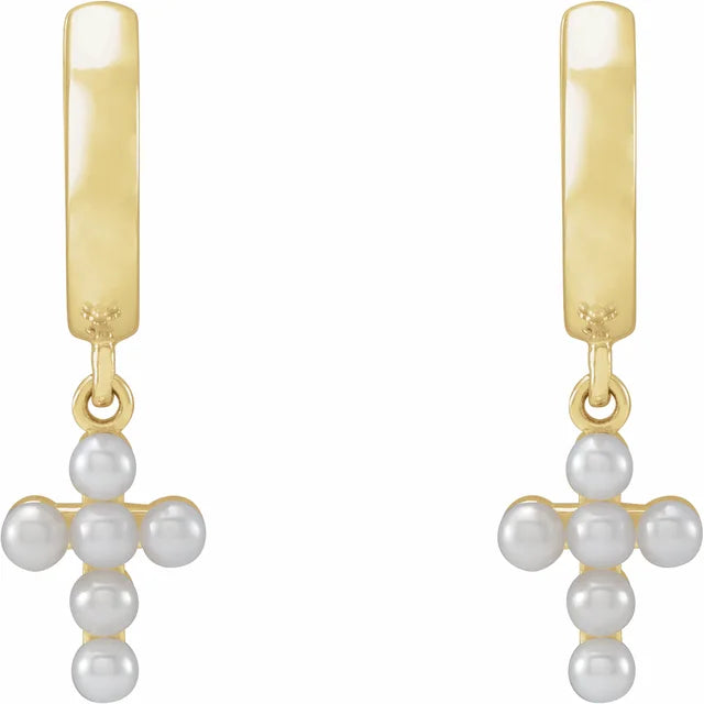 14K Yellow Gold Cultured White Seed Pearl Cross Hoop Earrings