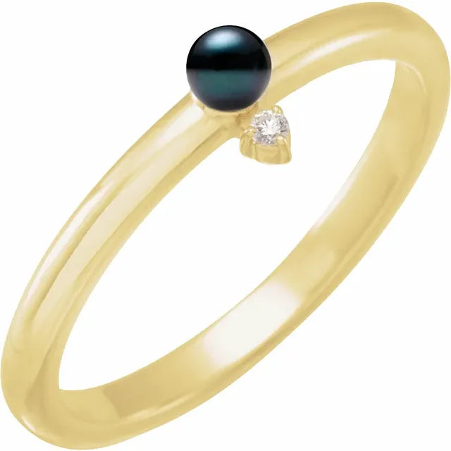 14K Yellow Gold Cultured Black Akoya Pearl & .015 CT Natural Diamond Ring