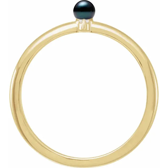 14K Yellow Gold Cultured Black Akoya Pearl & .015 CT Natural Diamond Ring