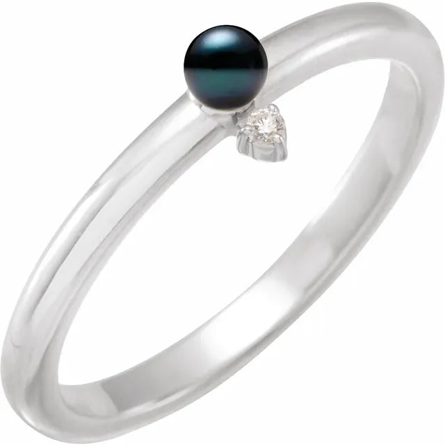 14K White Gold Cultured Black Akoya Pearl & .015 CT Natural Diamond Ring