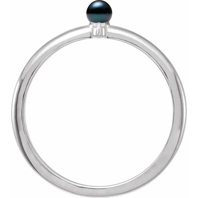 14K White Gold Cultured Black Akoya Pearl & .015 CT Natural Diamond Ring