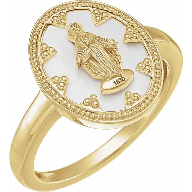 14K Yellow Gold Oval White Enamel Miraculous Medal Ring
