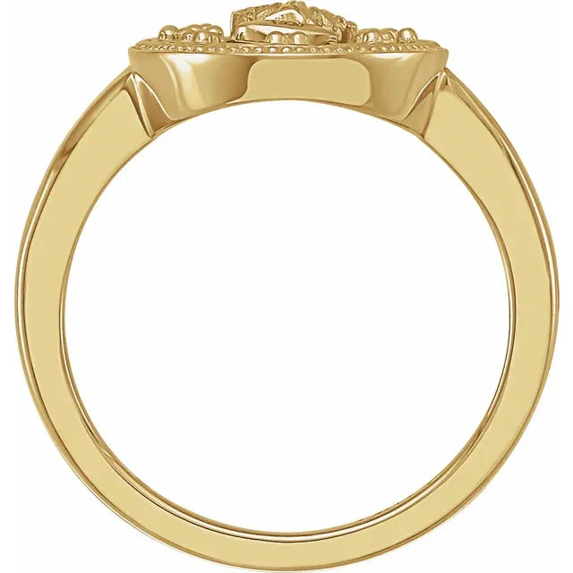 14K Yellow Gold Oval White Enamel Miraculous Medal Ring