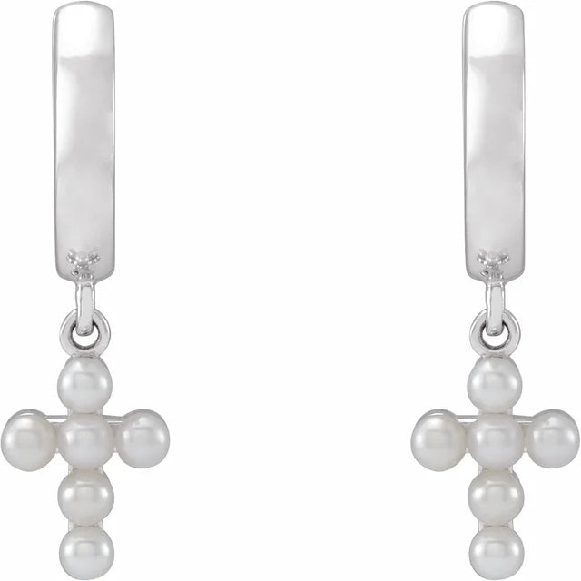 Sterling Silver Cultured White Seed Pearl Cross Hoop Earrings