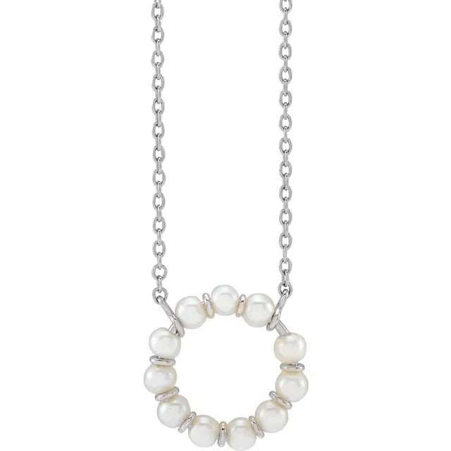 14K White Gold Cultured White Freshwater Pearl Circle 18" Necklace