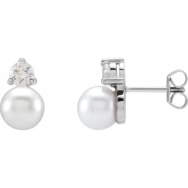 14K White Gold Cultured Freshwater Pearl & 1/2 CT Lab-Grown Diamond Earrings