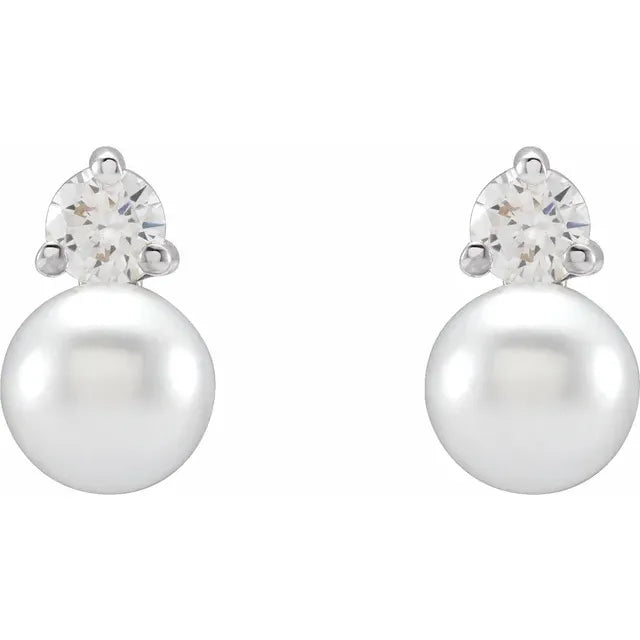 14K White Gold Cultured Freshwater Pearl & 1/2 CT Lab-Grown Diamond Earrings