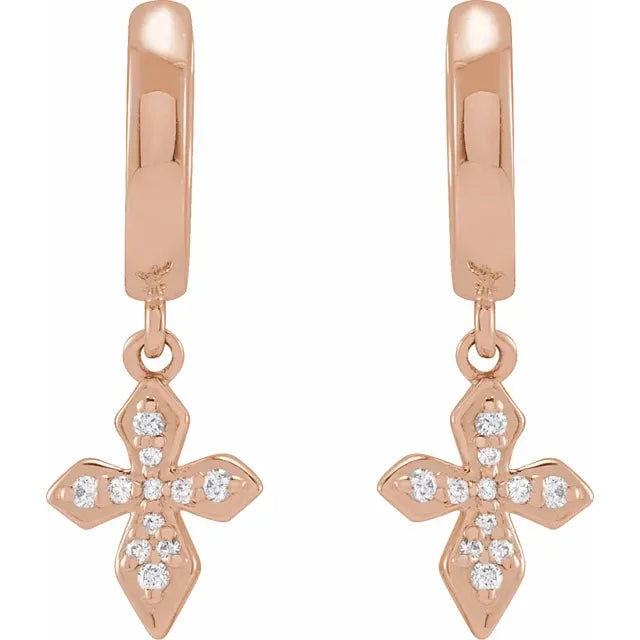 14K Rose Gold 1/10 CTW Natural Diamond Cross Hoop Earrings