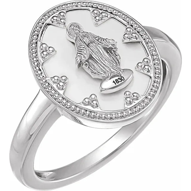 14K White Gold Oval White Enamel Miraculous Medal Ring