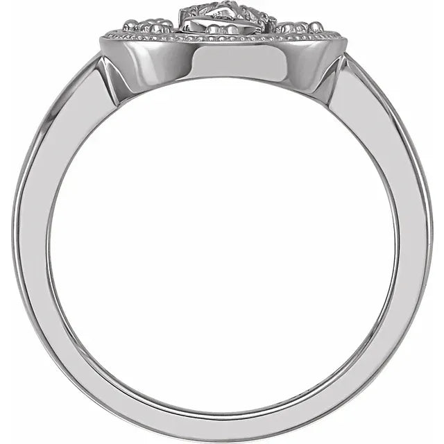 14K White Gold Oval White Enamel Miraculous Medal Ring