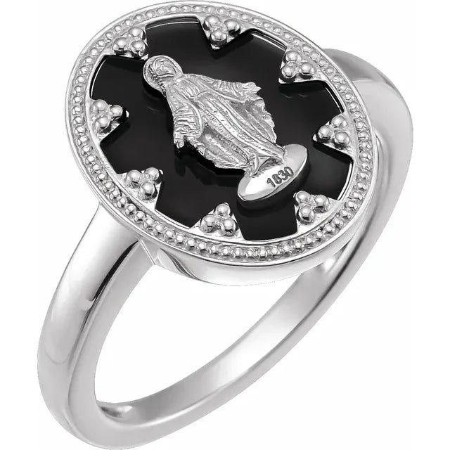 14K White Gold Oval Black Enamel Miraculous Medal Ring
