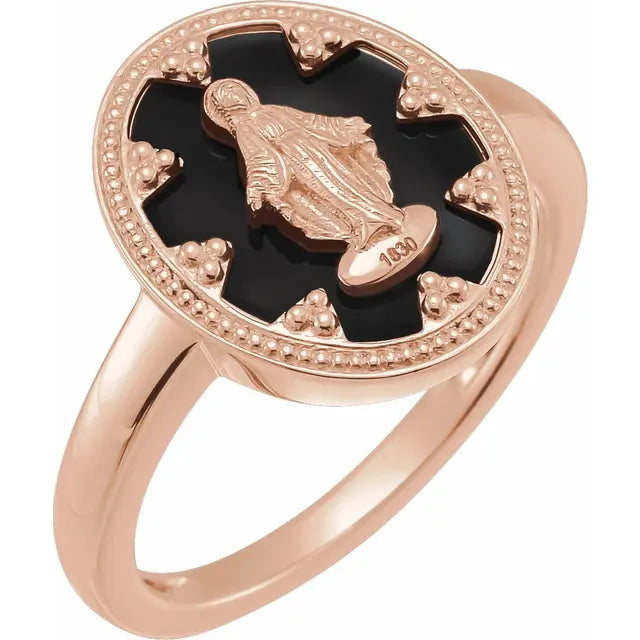 14K Rose Gold Oval Black Enamel Miraculous Medal Ring