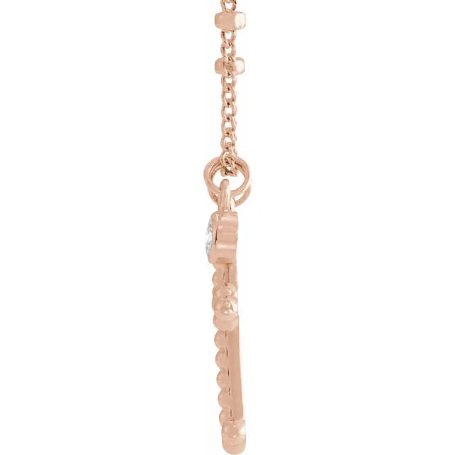 14K Rose Gold .06 CT Diamond Dangle & Beaded Cross 20" Necklace