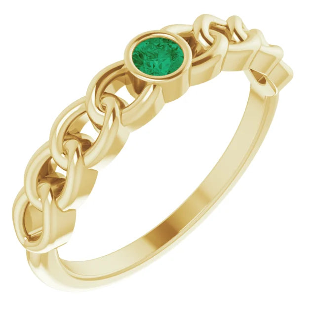 14K Yellow Gold Natural Emerald Curb Chain Ring