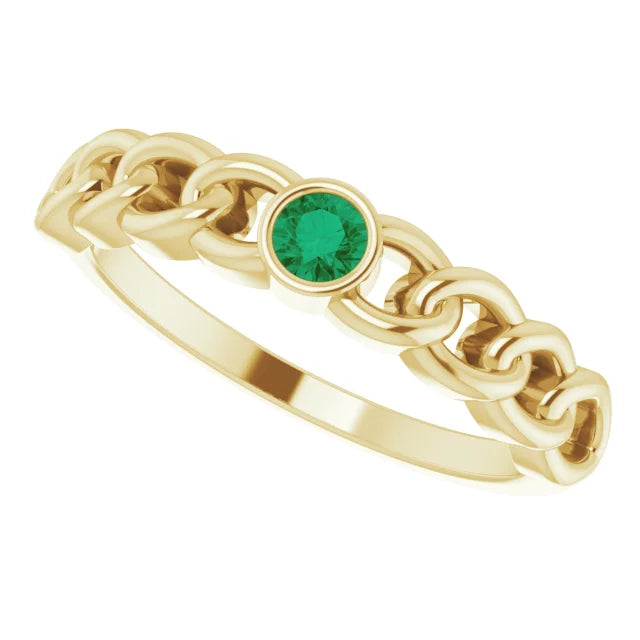14K Yellow Gold Natural Emerald Curb Chain Ring