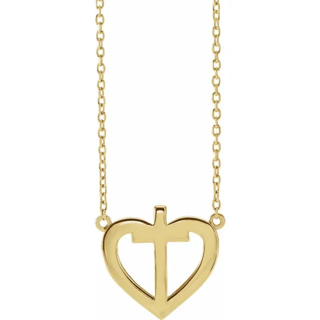 14K Yellow Gold .0025 CT Natural Diamond Heart & Cross 18" Necklace