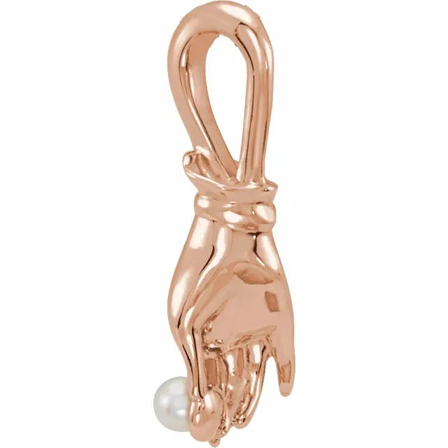 14K Rose Gold Cultured White Seed Pearl Buddha Hand Pendant