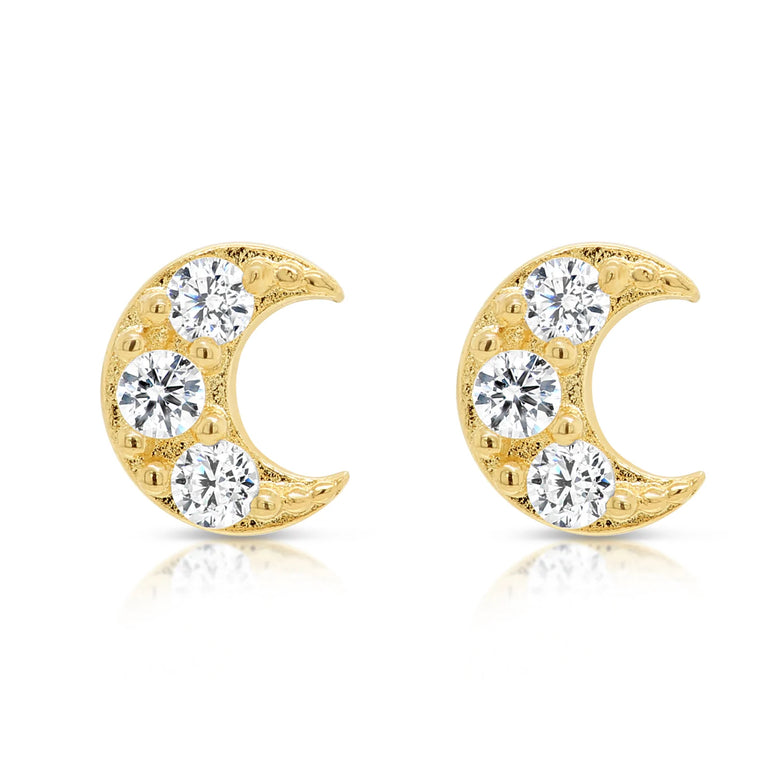 14k Gold Cresent Moon CZ Stud Earrings