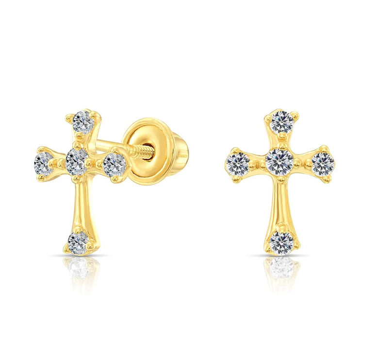 10k Yellow Gold Cross CZ Stud Earrings