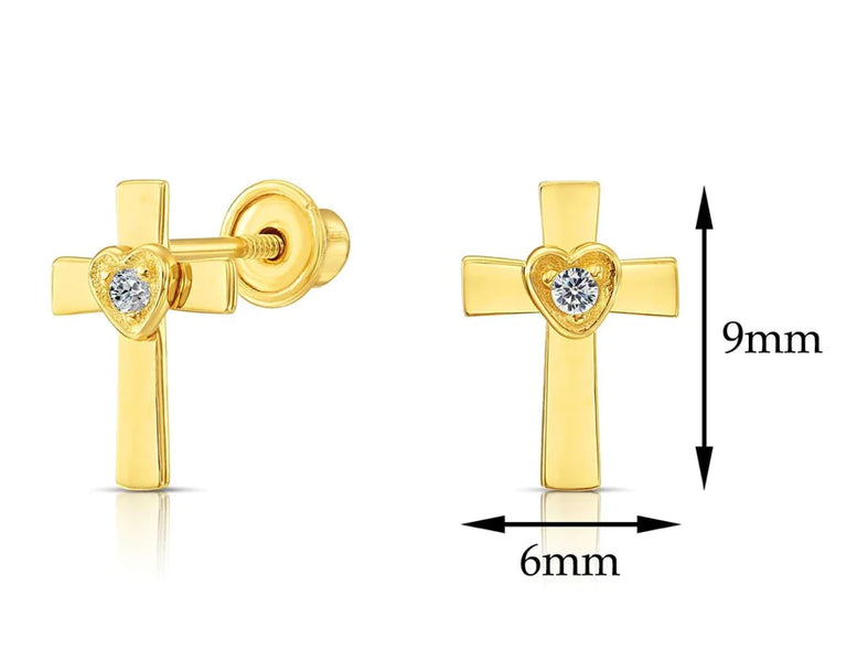 10k Yellow Gold Cross & Heart Stud Earrings
